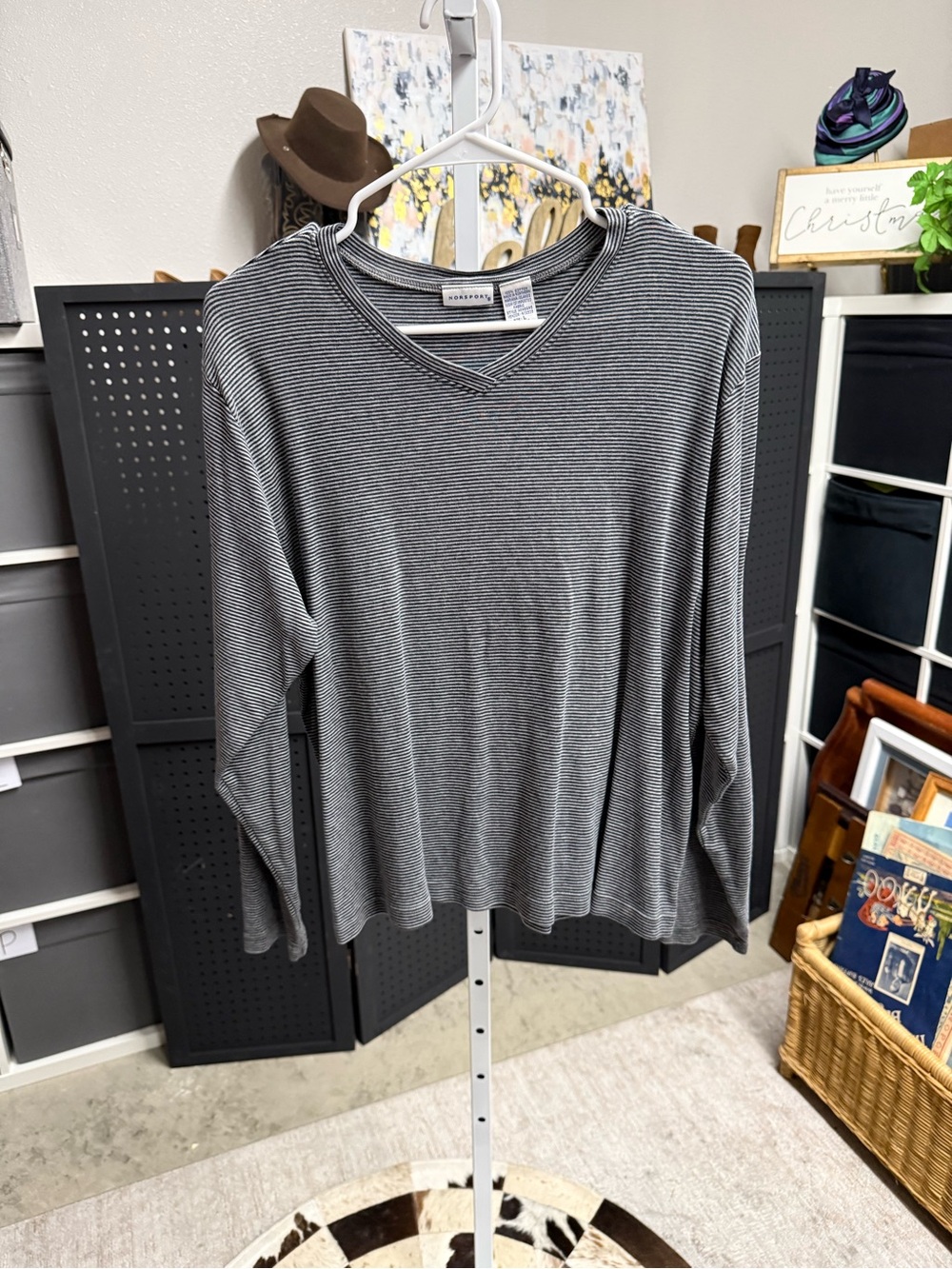 Norsport Vintage Everyday Striped Long-Sleeve V-Neck Top - Black/White